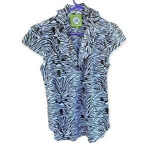 Elizabeth McKay Silk Zebra Print Ruffle Collar Brown Cap Sleeve Blouse Sz 4
